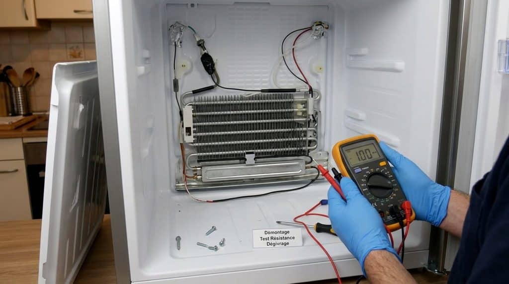 Frigo Sharp : quels sont les problèmes les plus fréquents ? 3 Démontage du panneau intérieur d'un congélateur No Frost pour tester la résistance de dégivrage.