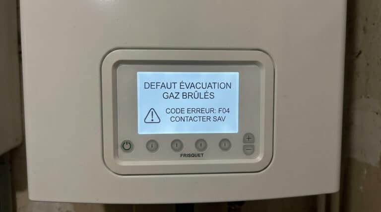 Écran de contrôle Visio d'une chaudière Frisquet affichant un message de défaut d'évacuation des gaz brûlés.