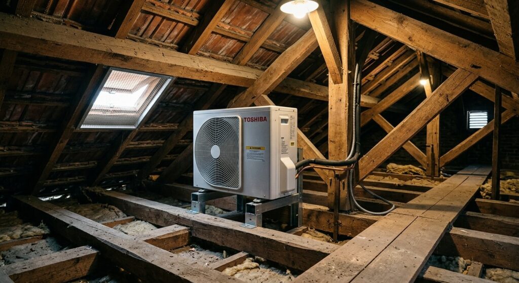 Installer le groupe de climatisation dans les combles : est-ce possible ? 2 Groupe extérieur de climatiseur split installé sous la charpente dans des combles perdus ventilés.