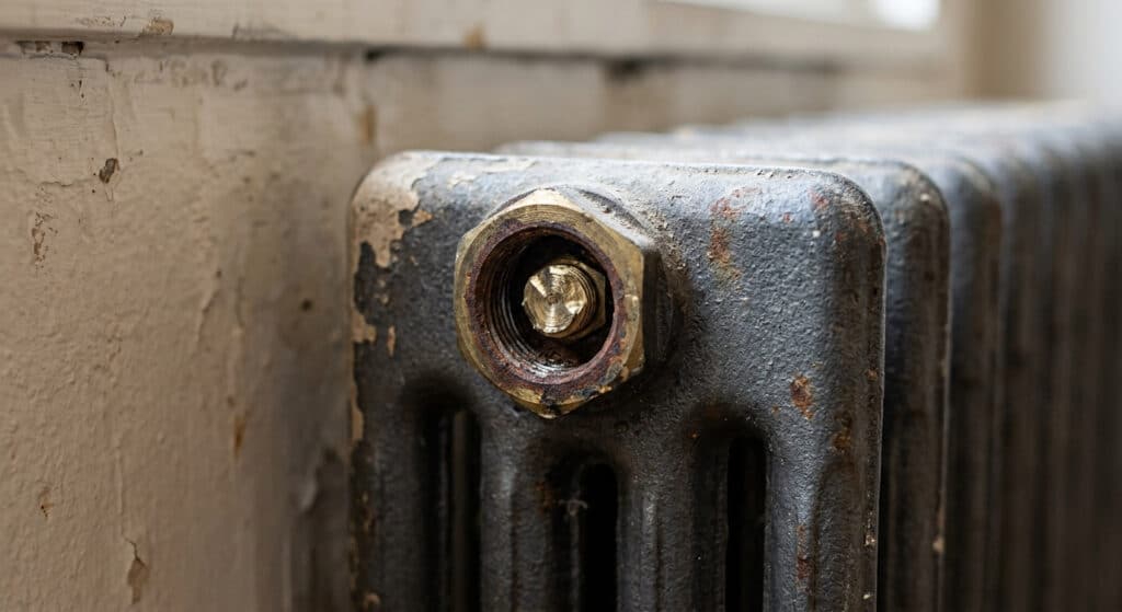 Vis de purgeur d'air en laiton brisée à ras du filetage sur le flanc supérieur d'un radiateur en fonte.