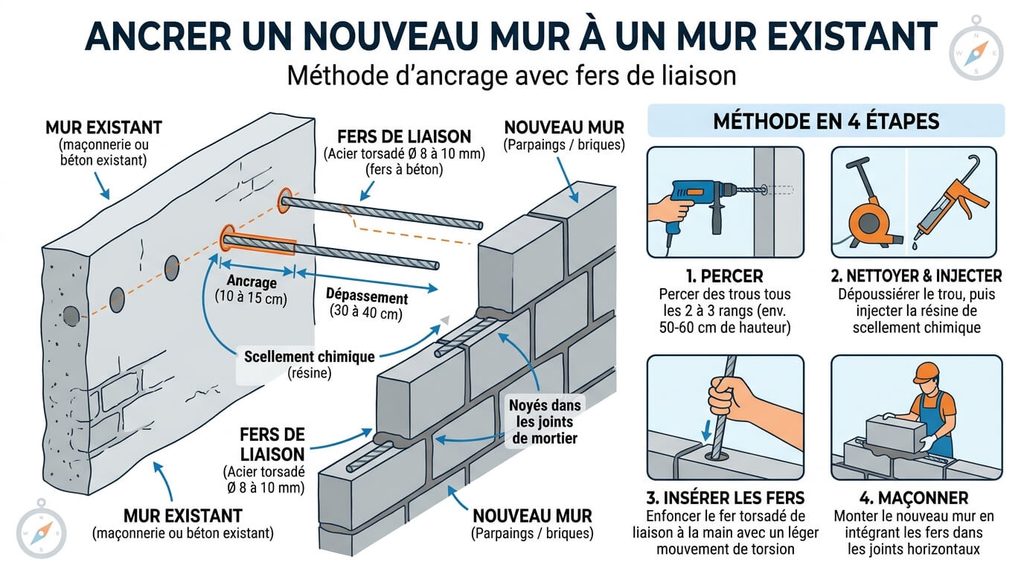 Ancrer un mur à un mur existant : méthode et fers de liaison 3