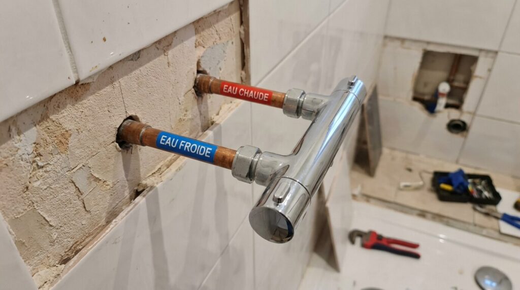 Raccordement mural de douche avec tuyau d'eau chaude situé à droite par erreur.