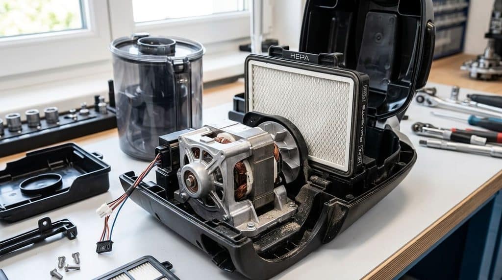 Vue intérieure du bloc moteur et du filtre HEPA après ouverture complète du châssis.