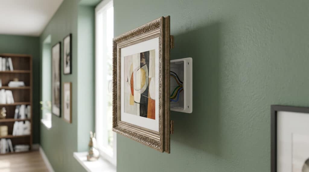 Cadre décoratif monté sur charnières masquant une boîte de dérivation électrique sur un mur peint.
