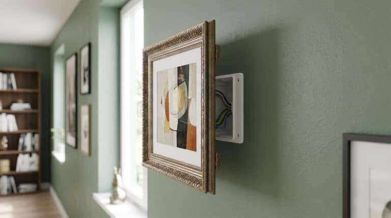 Cadre décoratif monté sur charnières masquant une boîte de dérivation électrique sur un mur peint.