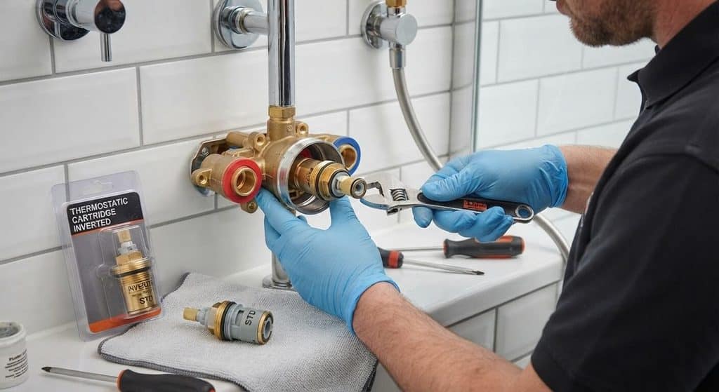 Remplacement d'une cartouche thermostatique standard par une cartouche inversée.