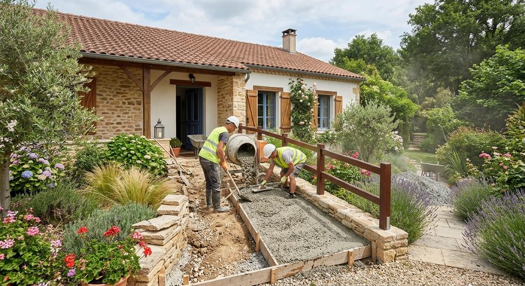 Travaux de terrassement et coulage de béton désactivé pour remplacer des marches par une allée inclinée.