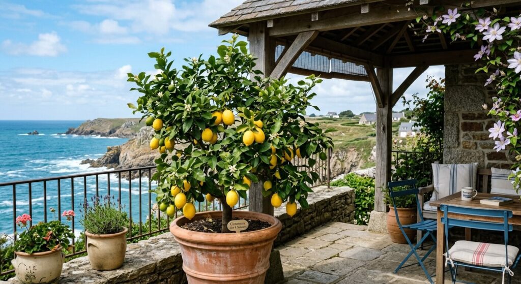 Citronnier des 4 saisons portant des citrons mûrs sur une terrasse abritée en bord de mer breton.