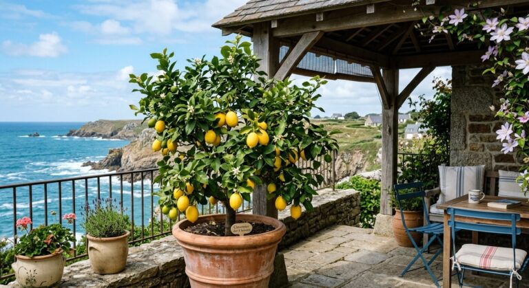 Accueil 1 Citronnier des 4 saisons portant des citrons mûrs sur une terrasse abritée en bord de mer breton.