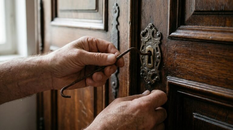 Accueil 1 Ouverture délicate d'une serrure de buffet ancien à l'aide d'un fil de fer coudé.