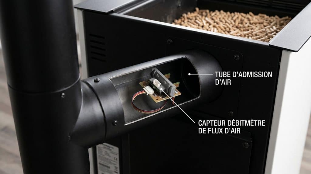 Problème de flux d'air Edilkamin : causes et solutions 3 Capteur débitmètre de flux d'air logé sur le tube d'admission d'air d'un poêle à pellets.