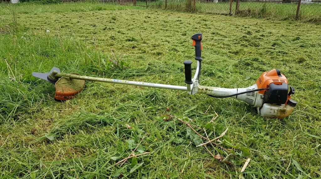 Débroussailleuse thermique Stihl FS 55 posée sur une pelouse après une séance de coupe.