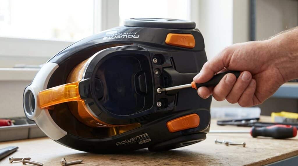 Démonter les vis Torx sous la poignée d'un aspirateur sans sac Rowenta X-Trem Power Cyclonic.