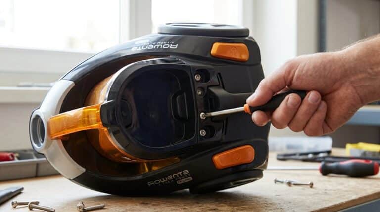 Accueil 1 Démonter les vis Torx sous la poignée d'un aspirateur sans sac Rowenta X-Trem Power Cyclonic.