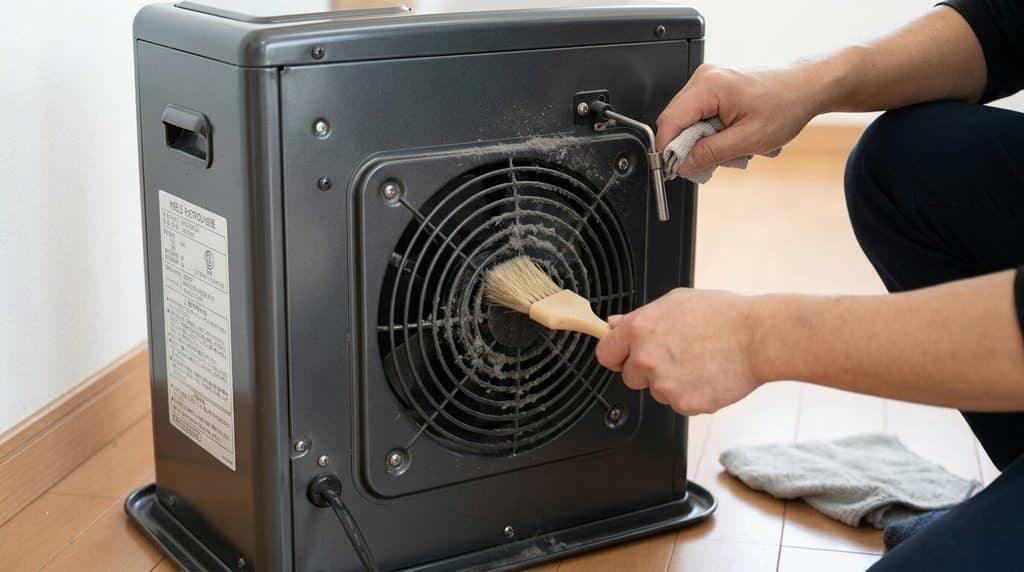 Dépoussiérage de la grille du ventilateur et du capteur d'air à l'arrière d'un poêle à pétrole.