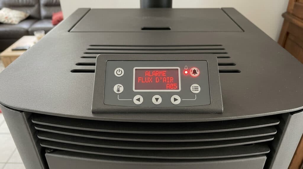 Problème de flux d'air Edilkamin : causes et solutions 2 Écran de commande d'un poêle Edilkamin affichant le message d'erreur d'alarme flux d'air.
