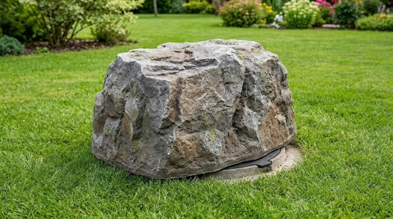Accueil 1 Faux rocher décoratif en résine posé au-dessus d'un couvercle de fosse septique dans une pelouse.