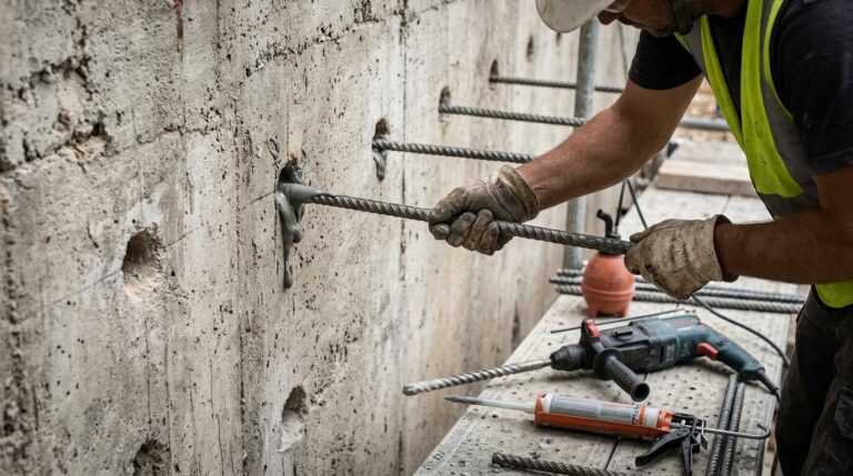 Perçage et scellement chimique de tiges d'acier torsadé dans un mur porteur existant.