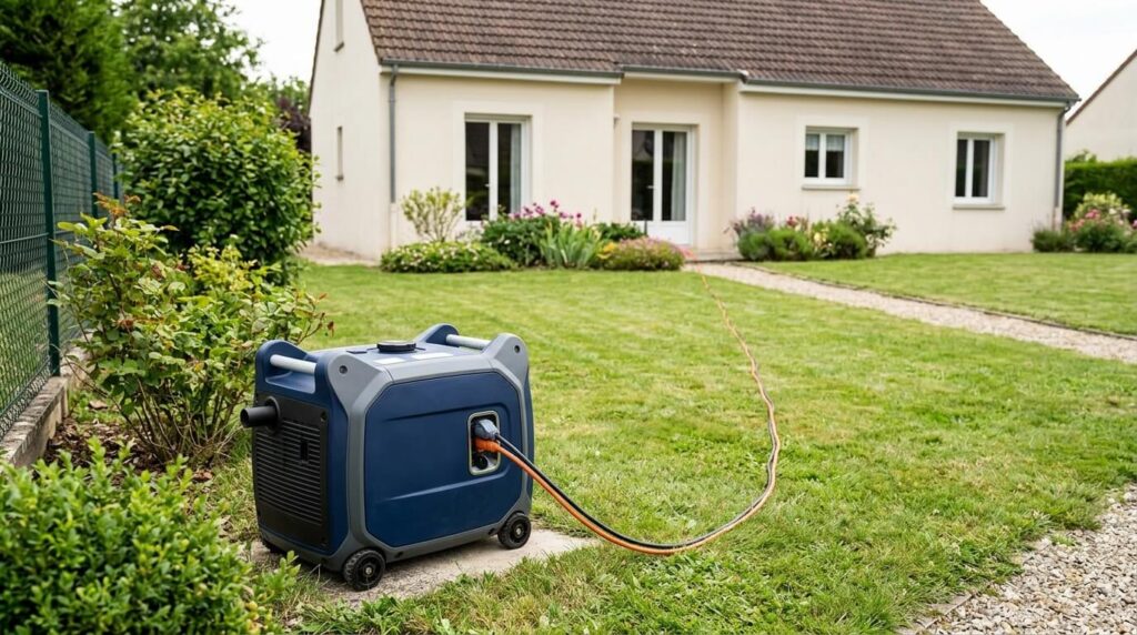Quelle puissance de groupe électrogène choisir pour alimenter une maison ? 2 Groupe électrogène inverter silencieux installé en extérieur à bonne distance des ouvertures d'une maison individuelle.