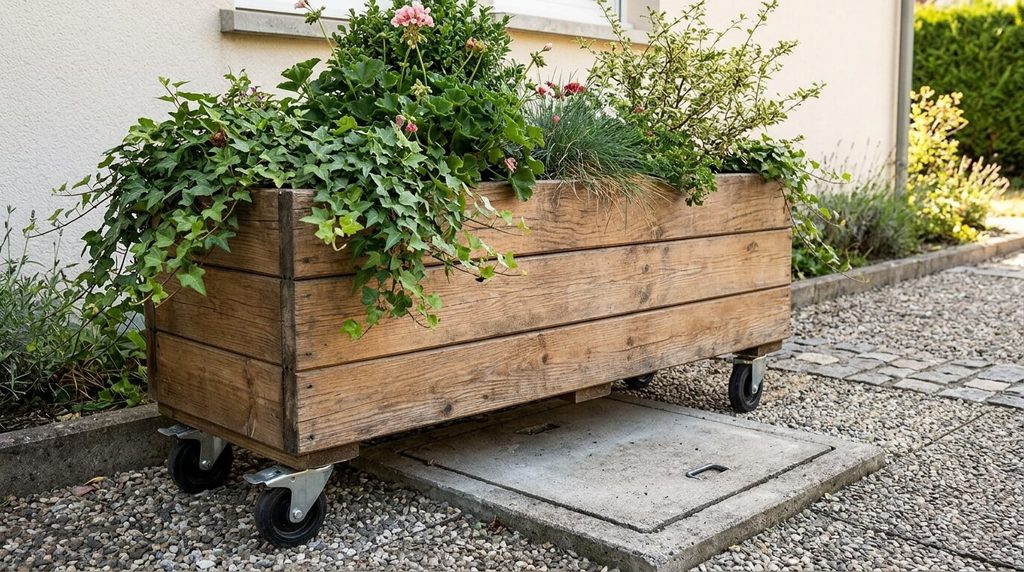 Bac à fleurs en bois monté sur roulettes masquant l'accès technique d'un regard béton.