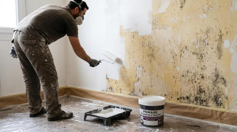 Accueil 1 Application d'un primaire bloqueur d'odeurs au rouleau sur un mur dégageant une odeur de peinture pourrie.