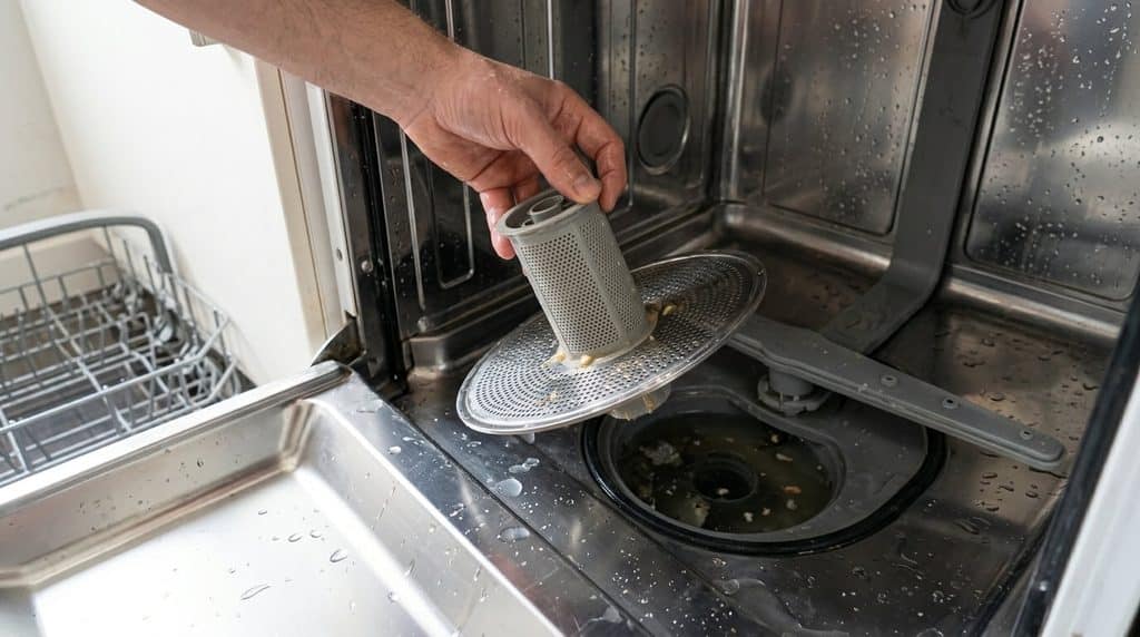 Retrait du filtre métallique et plastique au fond de la cuve pour débloquer l'évacuation.