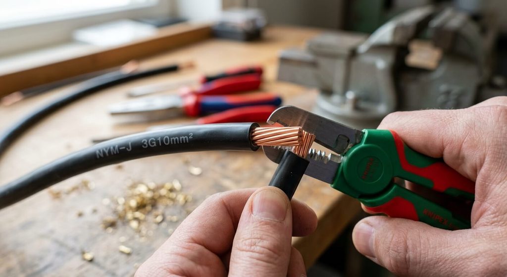 Dénudage propre de la gaine isolante d'un conducteur cuivre rigide de 10 mm².