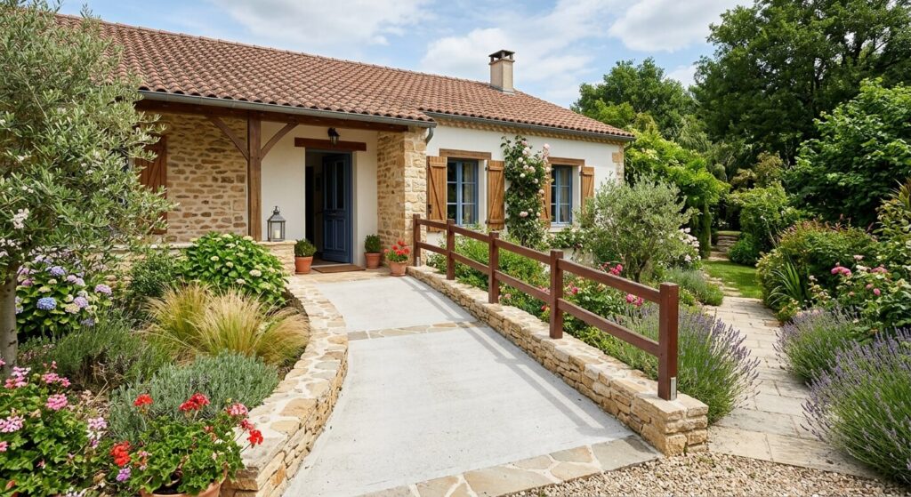Rampe d'accès en pente douce reliant un jardin à l'entrée d'une maison de plain-pied.