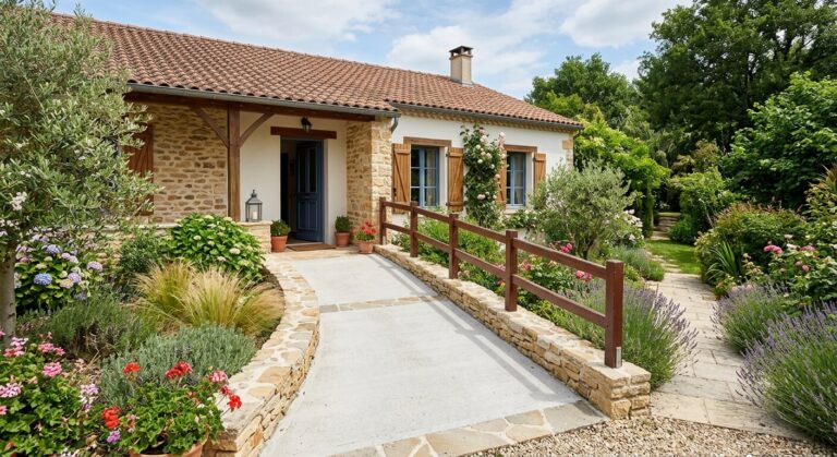Accueil 2 Rampe d'accès en pente douce reliant un jardin à l'entrée d'une maison de plain-pied.