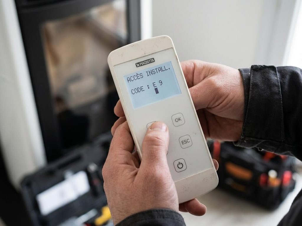 Service code Piazzetta : que signifie le message SERVICE et comment l’effacer ? 4 Saisie du code d'accès installateur sur la télécommande radio d'un appareil Piazzetta.