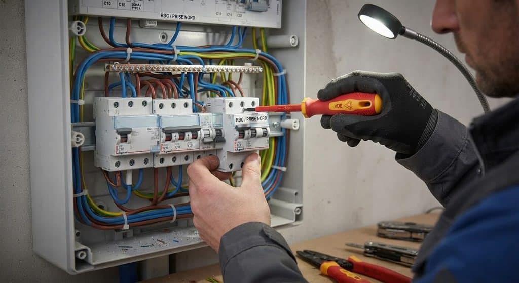 Électricien resserrant les connexions à vis sur un bornier de disjoncteur au tableau.