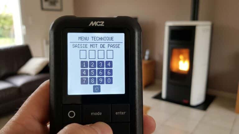 Accueil 1 Télécommande déportée de poêle à pellets MCZ affichant l'écran de saisie du mot de passe technique.
