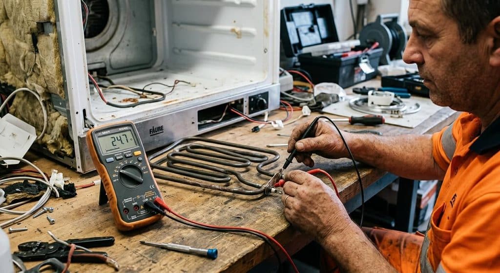 Mon four ne chauffe plus correctement : diagnostic rapide 3 Test d'une résistance de four électrique démontée à l'aide d'un multimètre.