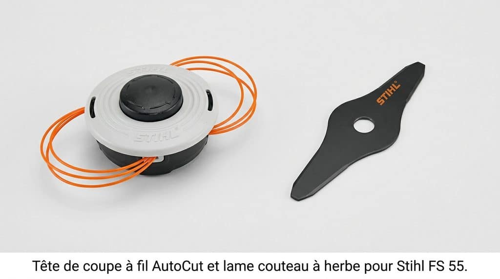 Tête de coupe à fil AutoCut et lame couteau à herbe pour Stihl FS 55.