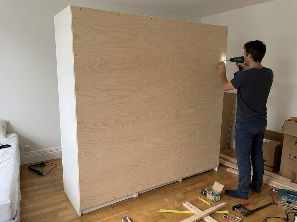 Remplacer le fond d’une armoire IKEA PAX : la solution 3 Fixation d'une planche de contreplaqué découpée sur mesure au dos d'une armoire Pax.